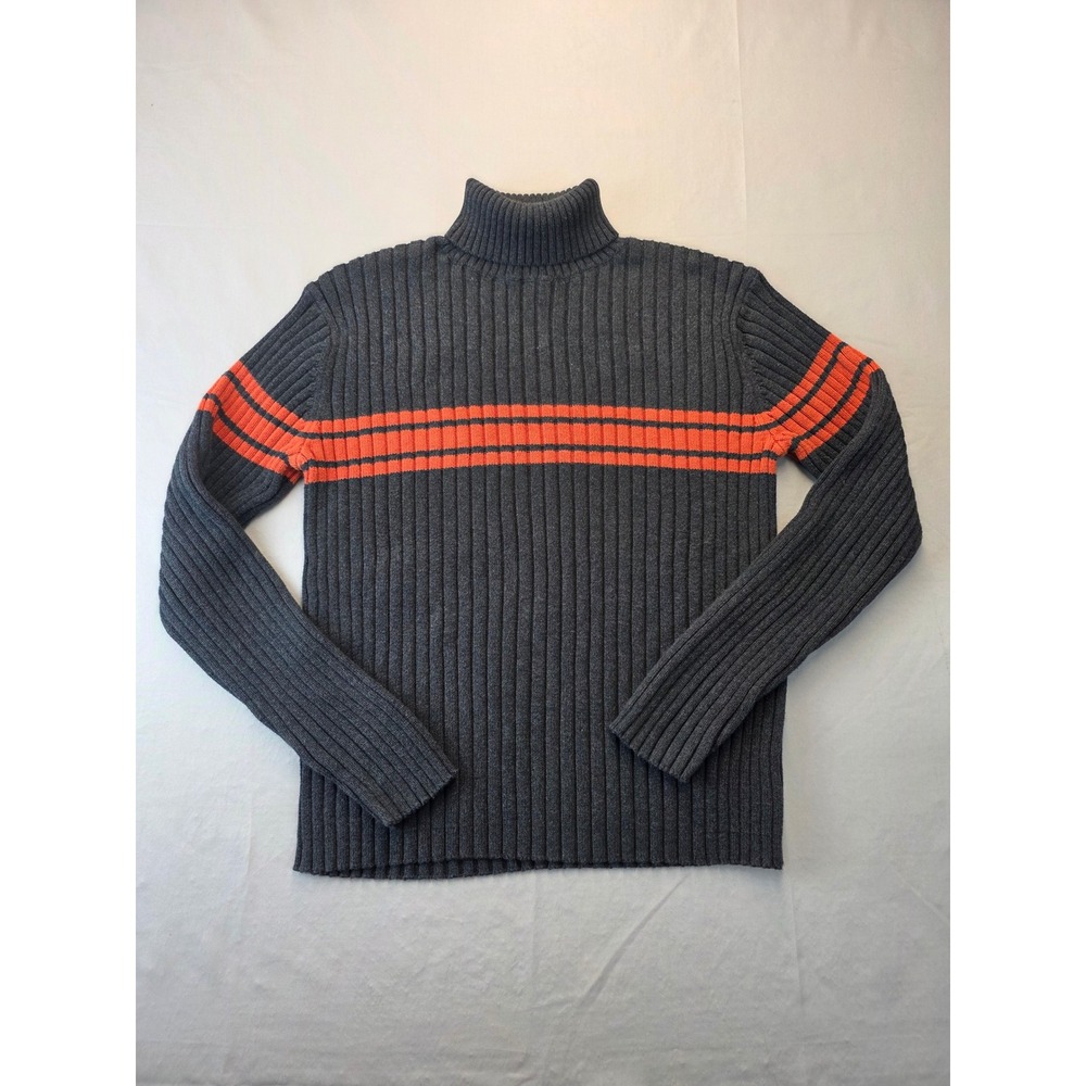 Old Navy Mens Large Turtleneck Sweater Gray Orange Stripe Ribbed Cotton Knit